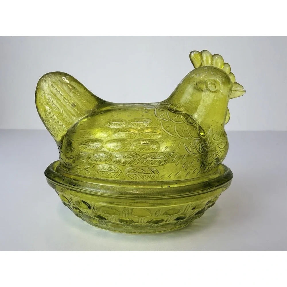MCM Mini Olive Green Glass Hen On Nest Covered Dish Trinket Salt Cellar Cottage